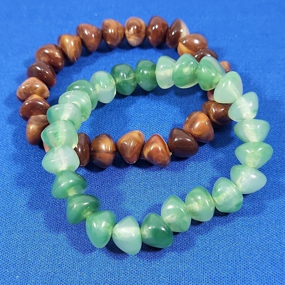 Beaded Bracelets Earth-Tones Stone-Like Acrylic Swirl Hippie Elastic Set Of 2